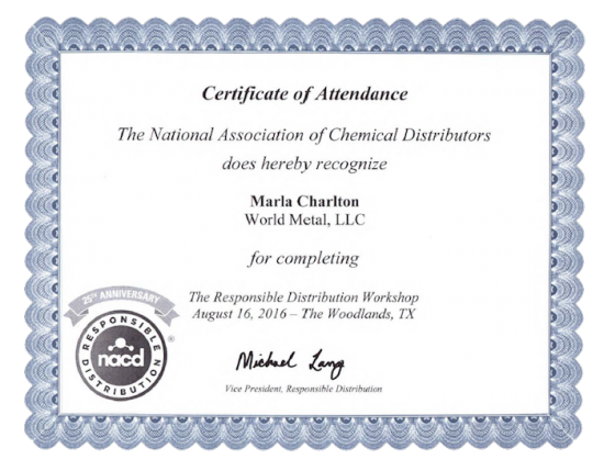 Marla Charlton receives RD Workshop Certificate | World Metal LLC